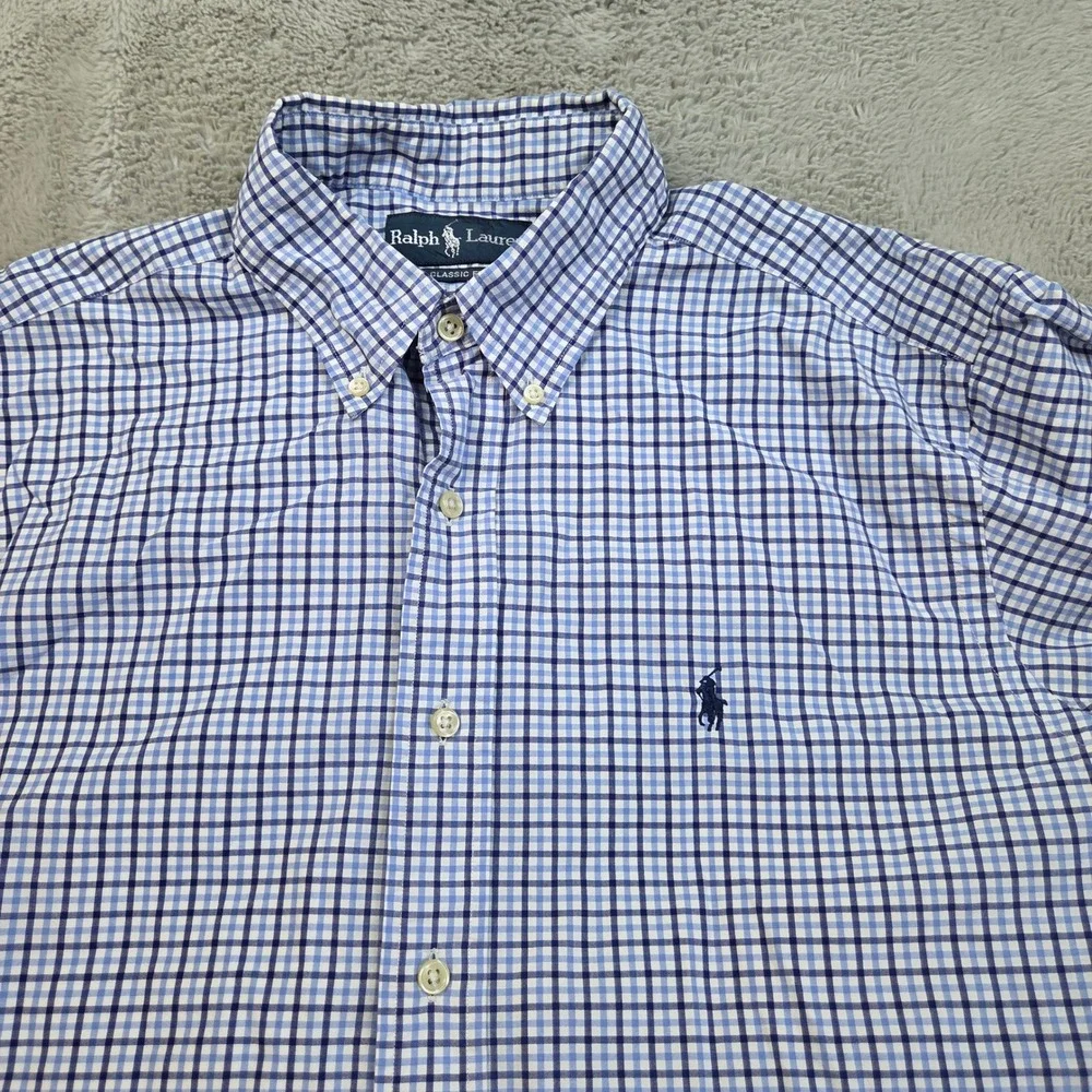 Ralph Lauren Button Down Shirt Mens L Classic Fit Gingham Check Blue and White